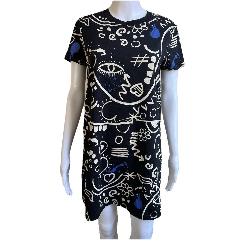 Desigual Abstract Graphic T Shirt Dress Womens M Blue White Artsy Casual EUC
